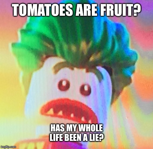 TOMATOES ARE FRUIT? HAS MY WHOLE LIFE BEEN A LIE? | image tagged in the joker,shocked face | made w/ Imgflip meme maker