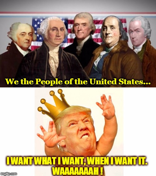 I'll go with the grownups. How about you? | We the People of the United States... I WANT WHAT I WANT, WHEN I WANT IT. 
WAAAAAAAH ! | image tagged in our founding fathers defeated a king - trump wants to be one,trump,founding fathers,constitution,rule of law,impeachment | made w/ Imgflip meme maker