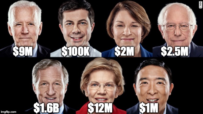 Net worth of candidates who say they're going after rich people | $9M               $100K             $2M              $2.5M; $1.6B              $12M             $1M | image tagged in election 2020,democrats | made w/ Imgflip meme maker
