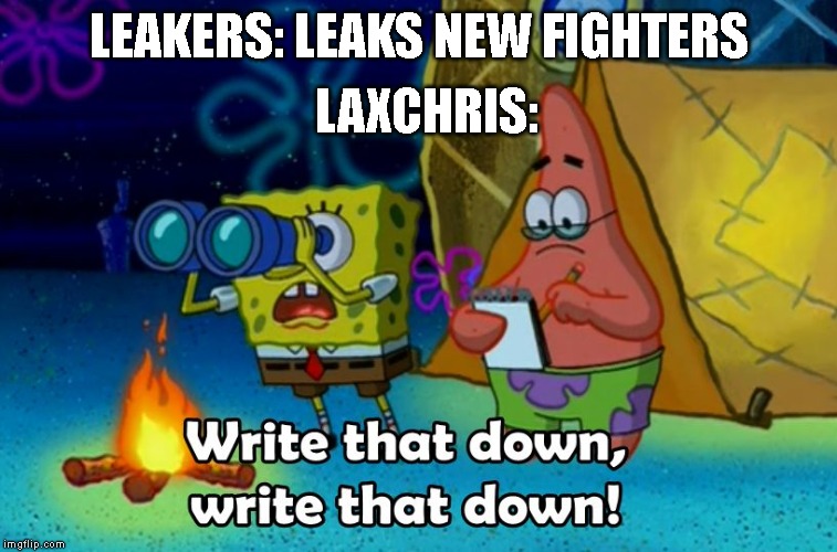 write that down | LAXCHRIS:; LEAKERS: LEAKS NEW FIGHTERS | image tagged in write that down,super smash bros | made w/ Imgflip meme maker