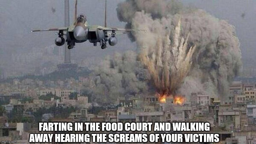 f35 f-35 35 joint strike fighter Gaza Israel pillar 2014 if bomb | FARTING IN THE FOOD COURT AND WALKING AWAY HEARING THE SCREAMS OF YOUR VICTIMS | image tagged in f35 f-35 35 joint strike fighter gaza israel pillar 2014 if bomb | made w/ Imgflip meme maker