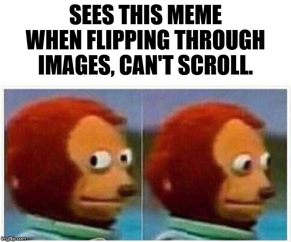 Monkey Puppet Meme | SEES THIS MEME WHEN FLIPPING THROUGH IMAGES, CAN'T SCROLL. | image tagged in monkey puppet | made w/ Imgflip meme maker