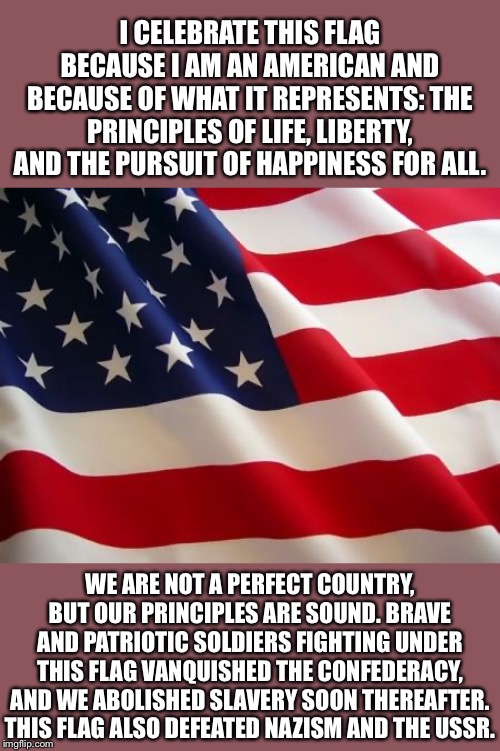 We are not perfect, but we are great. | I CELEBRATE THIS FLAG BECAUSE I AM AN AMERICAN AND BECAUSE OF WHAT IT REPRESENTS: THE PRINCIPLES OF LIFE, LIBERTY, AND THE PURSUIT OF HAPPINESS FOR ALL. WE ARE NOT A PERFECT COUNTRY, BUT OUR PRINCIPLES ARE SOUND. BRAVE AND PATRIOTIC SOLDIERS FIGHTING UNDER THIS FLAG VANQUISHED THE CONFEDERACY, AND WE ABOLISHED SLAVERY SOON THEREAFTER. THIS FLAG ALSO DEFEATED NAZISM AND THE USSR. | image tagged in american flag,america,patriotism,nazism,ussr,confederacy | made w/ Imgflip meme maker