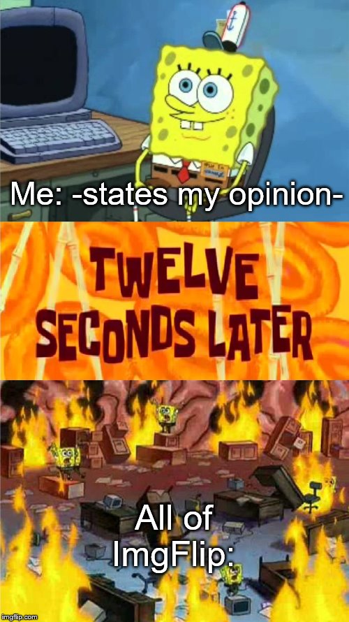 Opinions they are, Rage over them you mustn't | Me: -states my opinion-; All of ImgFlip: | image tagged in spongebob office rage,haters gonna hate,unpopular opinion,opinions,oh wow are you actually reading these tags,stop reading the t | made w/ Imgflip meme maker