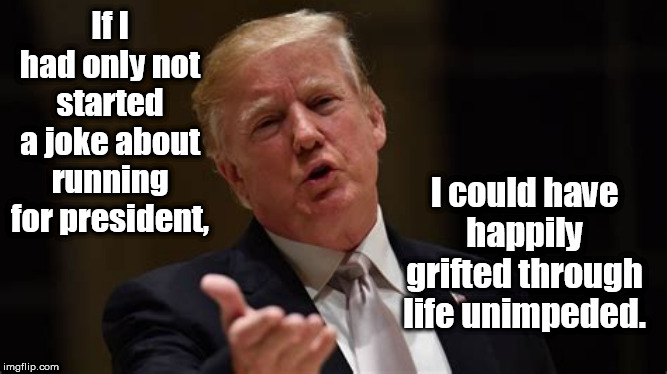 If I had only not started a joke about running for president, I could have happily grifted through life unimpeded. | image tagged in trump,grifter,joke | made w/ Imgflip meme maker