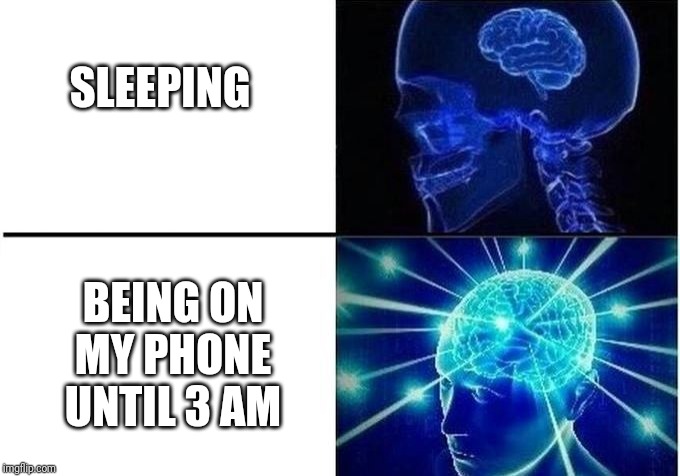 Expanding Brain Two Frames | SLEEPING; BEING ON MY PHONE UNTIL 3 AM | image tagged in expanding brain two frames | made w/ Imgflip meme maker