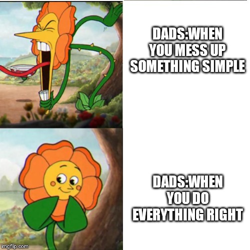 Cuphead Flower | DADS:WHEN YOU MESS UP SOMETHING SIMPLE DADS:WHEN YOU DO EVERYTHING RIGHT | image tagged in cuphead flower | made w/ Imgflip meme maker