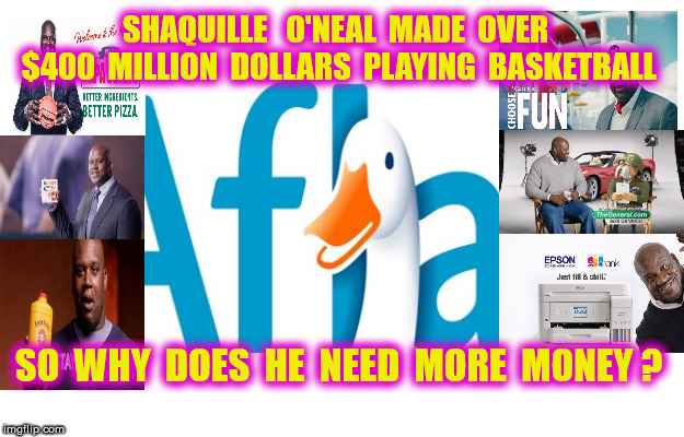 COMPLAINING AFLAC DUCK | SHAQUILLE   O'NEAL  MADE  OVER  $400  MILLION  DOLLARS  PLAYING  BASKETBALL; SO  WHY  DOES  HE  NEED  MORE  MONEY ? | image tagged in memes,animals,funny memes | made w/ Imgflip meme maker