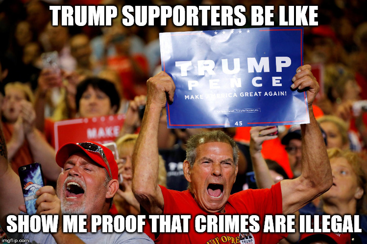 TRUMP SUPPORTERS BE LIKE; SHOW ME PROOF THAT CRIMES ARE ILLEGAL | image tagged in trump,crimes,stupid | made w/ Imgflip meme maker