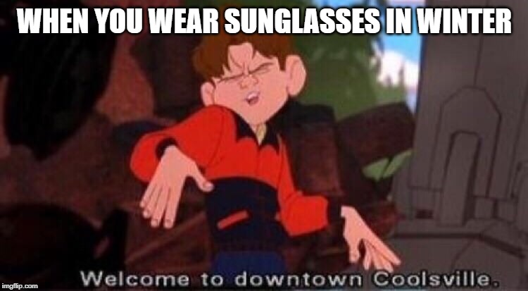 Welcome to Downtown Coolsville | WHEN YOU WEAR SUNGLASSES IN WINTER | image tagged in welcome to downtown coolsville | made w/ Imgflip meme maker