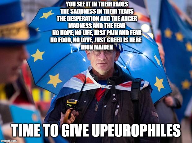 Remainer | YOU SEE IT IN THEIR FACES
THE SADDNESS IN THEIR TEARS
THE DESPERATION AND THE ANGER
MADNESS AND THE FEAR
NO HOPE, NO LIFE, JUST PAIN AND FEAR
NO FOOD, NO LOVE, JUST GREED IS HERE  
IRON MAIDEN; TIME TO GIVE UPEUROPHILES | image tagged in remainer | made w/ Imgflip meme maker