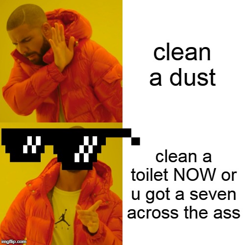 Drake Hotline Bling Meme | clean a dust; clean a toilet NOW or u got a seven across the ass | image tagged in memes,drake hotline bling | made w/ Imgflip meme maker