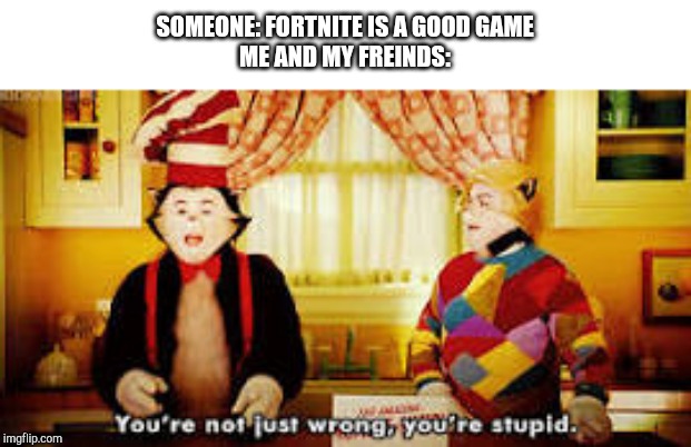 Your not just wrong your stupid | SOMEONE: FORTNITE IS A GOOD GAME

ME AND MY FREINDS: | image tagged in your not just wrong your stupid | made w/ Imgflip meme maker