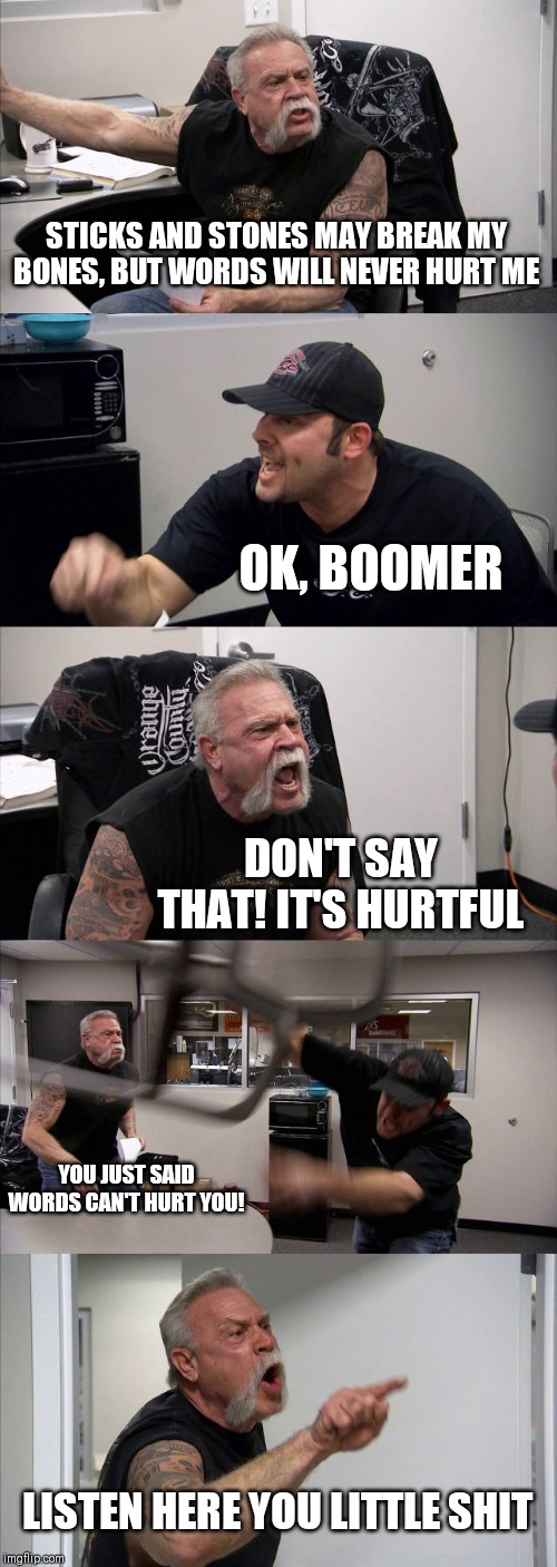 Sticks and stones | STICKS AND STONES MAY BREAK MY BONES, BUT WORDS WILL NEVER HURT ME; OK, BOOMER; DON'T SAY THAT! IT'S HURTFUL; YOU JUST SAID WORDS CAN'T HURT YOU! LISTEN HERE YOU LITTLE SHIT | image tagged in memes,american chopper argument,ok boomer | made w/ Imgflip meme maker