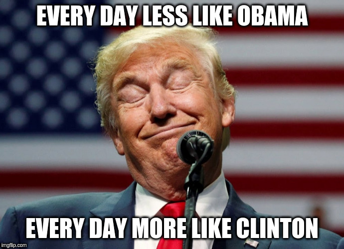 Trump less more | EVERY DAY LESS LIKE OBAMA; EVERY DAY MORE LIKE CLINTON | image tagged in trump clinton | made w/ Imgflip meme maker