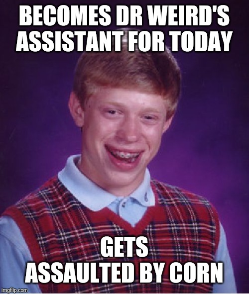 Bad Luck Brian | BECOMES DR WEIRD'S ASSISTANT FOR TODAY; GETS ASSAULTED BY CORN | image tagged in memes,bad luck brian,athf,dr weird,aqua teen hunger force | made w/ Imgflip meme maker