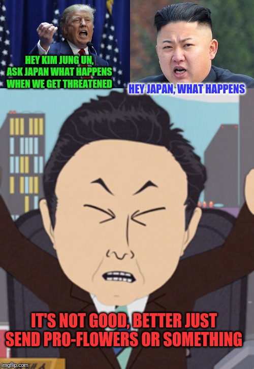U. S. A. Is a much more powerful country than DPRK. | HEY KIM JUNG UN, ASK JAPAN WHAT HAPPENS WHEN WE GET THREATENED; HEY JAPAN, WHAT HAPPENS; IT'S NOT GOOD, BETTER JUST SEND PRO-FLOWERS OR SOMETHING | image tagged in kim jung un,trump,south park japanese | made w/ Imgflip meme maker