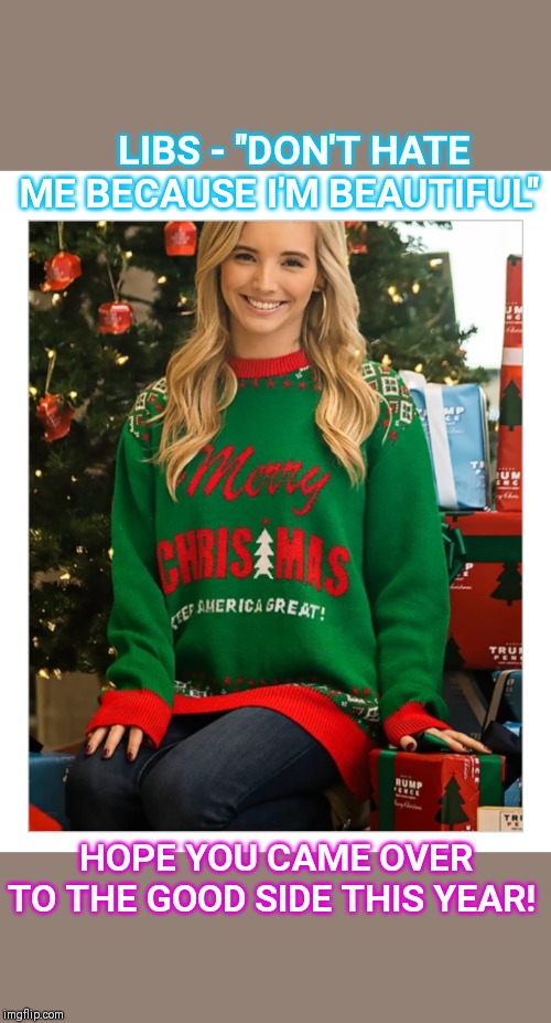 Merry Trumpy Christmas | LIBS - "DON'T HATE ME BECAUSE I'M BEAUTIFUL"; HOPE YOU CAME OVER TO THE GOOD SIDE THIS YEAR! | image tagged in maga | made w/ Imgflip meme maker