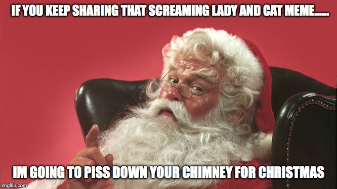 IF YOU KEEP SHARING THAT SCREAMING LADY AND CAT MEME...... IM GOING TO PISS DOWN YOUR CHIMNEY FOR CHRISTMAS | image tagged in santa,woman yelling at cat,christmas | made w/ Imgflip meme maker