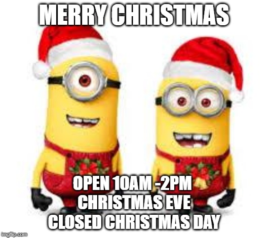 Minion Christmas | MERRY CHRISTMAS; OPEN 10AM -2PM 
CHRISTMAS EVE
CLOSED CHRISTMAS DAY | image tagged in minion christmas | made w/ Imgflip meme maker