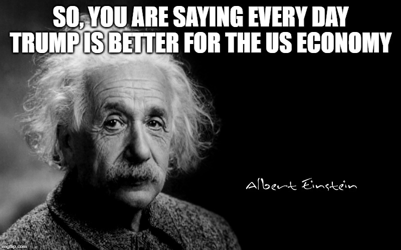 Albert Einstein | SO, YOU ARE SAYING EVERY DAY TRUMP IS BETTER FOR THE US ECONOMY | image tagged in albert einstein | made w/ Imgflip meme maker