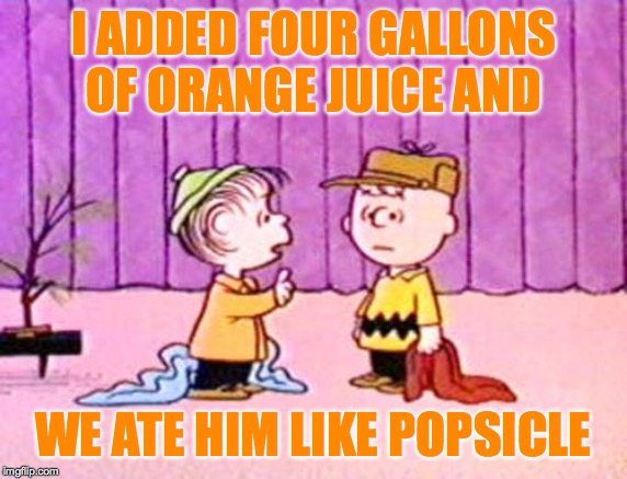 Charlie Brown and Linus | I ADDED FOUR GALLONS OF ORANGE JUICE AND WE ATE HIM LIKE POPSICLE | image tagged in charlie brown and linus | made w/ Imgflip meme maker