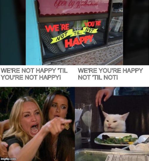 WE'RE YOU'RE HAPPY
NOT 'TIL NOT! WE'RE NOT HAPPY 'TIL 
YOU'RE NOT HAPPY! | image tagged in memes,woman yelling at cat | made w/ Imgflip meme maker