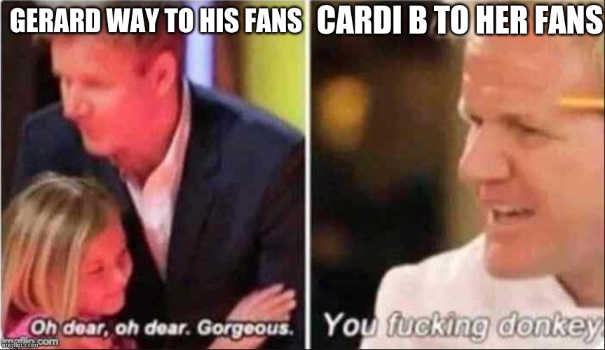 Oh Dear Oh Dear Gorgeous |  CARDI B TO HER FANS; GERARD WAY TO HIS FANS | image tagged in oh dear oh dear gorgeous | made w/ Imgflip meme maker