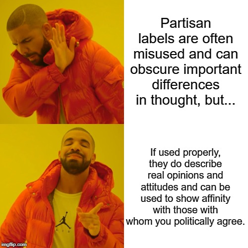 Partisan labels in political discourse. | Partisan labels are often misused and can obscure important differences in thought, but... If used properly, they do describe real opinions and attitudes and can be used to show affinity with those with whom you politically agree. | image tagged in memes,drake hotline bling,partisanship,liberal,labels,politics | made w/ Imgflip meme maker