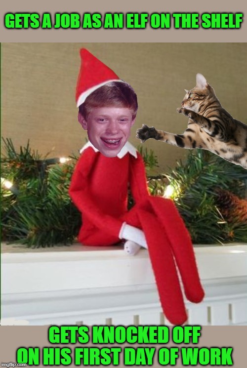 Injured on the job | GETS A JOB AS AN ELF ON THE SHELF; GETS KNOCKED OFF ON HIS FIRST DAY OF WORK | image tagged in funny memes,memes,bad luck brian,elf on the shelf,elf on a shelf,happy holidays | made w/ Imgflip meme maker