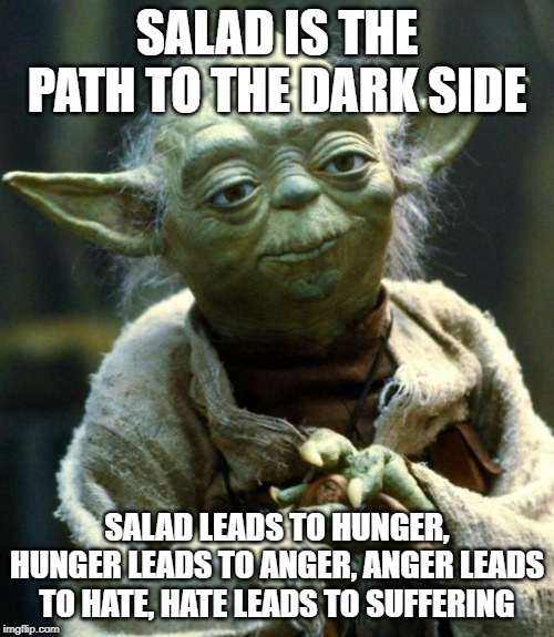 Star Wars Yoda Meme | SALAD IS THE PATH TO THE DARK SIDE; SALAD LEADS TO HUNGER, HUNGER LEADS TO ANGER, ANGER LEADS TO HATE, HATE LEADS TO SUFFERING | image tagged in memes,star wars yoda | made w/ Imgflip meme maker