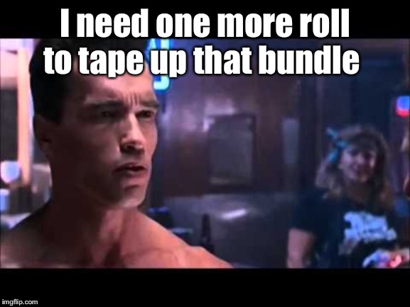 Terminator I Need Your Clothes | I need one more roll to tape up that bundle | image tagged in terminator i need your clothes | made w/ Imgflip meme maker