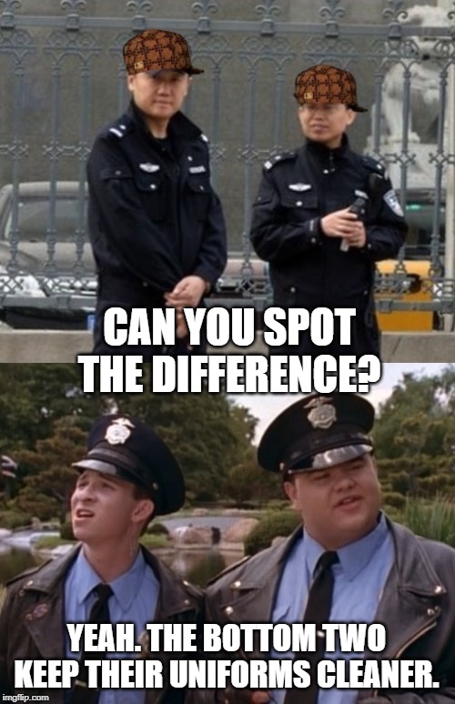 chinese cops bulk and skull | CAN YOU SPOT THE DIFFERENCE? YEAH. THE BOTTOM TWO KEEP THEIR UNIFORMS CLEANER. | image tagged in chinese cops bulk and skull | made w/ Imgflip meme maker