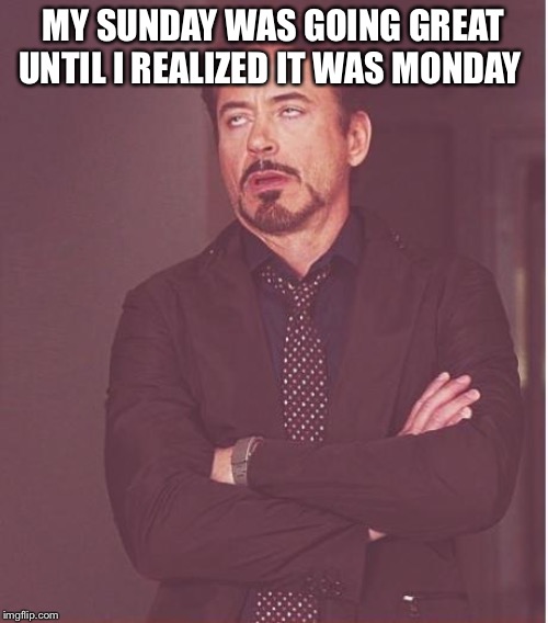 Face You Make Robert Downey Jr Meme |  MY SUNDAY WAS GOING GREAT UNTIL I REALIZED IT WAS MONDAY | image tagged in memes,face you make robert downey jr | made w/ Imgflip meme maker