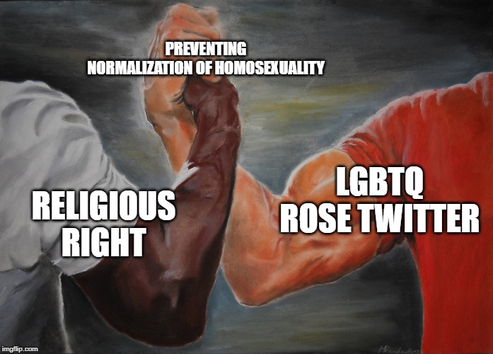 Hand clasping | PREVENTING NORMALIZATION OF HOMOSEXUALITY; LGBTQ ROSE TWITTER; RELIGIOUS RIGHT | image tagged in hand clasping | made w/ Imgflip meme maker