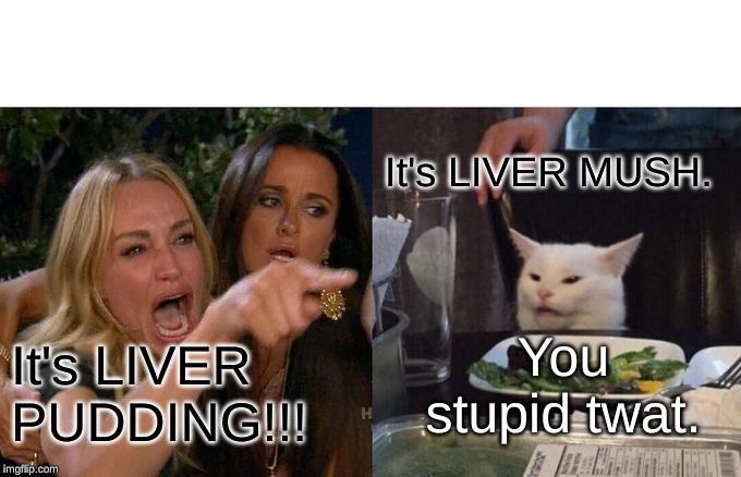 Woman Yelling At Cat | It's LIVER MUSH. It's LIVER PUDDING!!! You stupid twat. | image tagged in memes,woman yelling at cat,liver pudding/mush | made w/ Imgflip meme maker