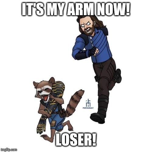 My arm! | IT'S MY ARM NOW! LOSER! | image tagged in rocket raccoon,winter soldier | made w/ Imgflip meme maker