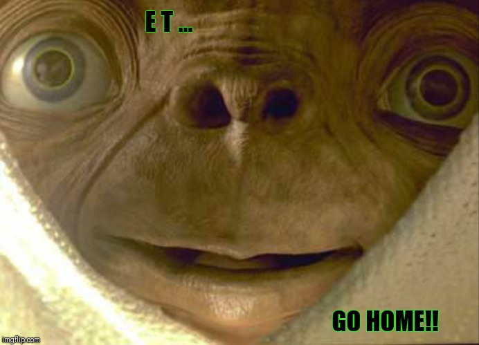 ET Go Home | E T ... GO HOME!! | image tagged in alien | made w/ Imgflip meme maker