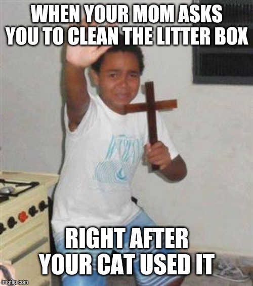 Scared Kid | WHEN YOUR MOM ASKS YOU TO CLEAN THE LITTER BOX; RIGHT AFTER YOUR CAT USED IT | image tagged in scared kid | made w/ Imgflip meme maker