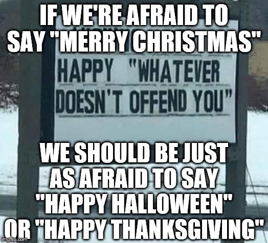 Merry Happy Holidays, snowflakes | IF WE'RE AFRAID TO SAY "MERRY CHRISTMAS"; WE SHOULD BE JUST AS AFRAID TO SAY "HAPPY HALLOWEEN" OR "HAPPY THANKSGIVING" | image tagged in merry happy holidays snowflakes | made w/ Imgflip meme maker