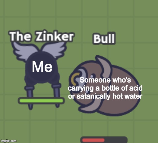 Moomoo.io Story! | Me; Someone who's carrying a bottle of acid or satanically hot water | image tagged in memes,funny,normies,moomooio | made w/ Imgflip meme maker