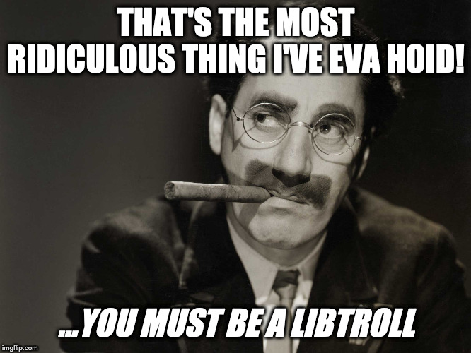 Thoughtful Groucho | THAT'S THE MOST RIDICULOUS THING I'VE EVA HOID! ...YOU MUST BE A LIBTROLL | image tagged in thoughtful groucho | made w/ Imgflip meme maker