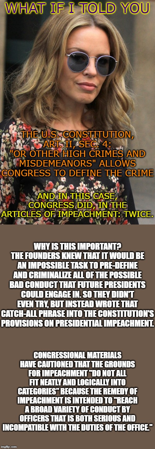 One more time trying to explain why "Abuse of Power" (Art. I) and "Obstruction of Congress" (Art. II) aren't pre-defined crimes | WHAT IF I TOLD YOU THE U.S. CONSTITUTION, ART. II, SEC. 4: "OR OTHER HIGH CRIMES AND MISDEMEANORS" ALLOWS CONGRESS TO DEFINE THE CRIME AND I | image tagged in kylie morpheus,impeach trump,impeachment,trump impeachment,congress,impeach | made w/ Imgflip meme maker