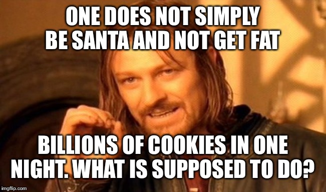 One Does Not Simply Meme | ONE DOES NOT SIMPLY BE SANTA AND NOT GET FAT; BILLIONS OF COOKIES IN ONE NIGHT. WHAT IS SUPPOSED TO DO? | image tagged in memes,one does not simply | made w/ Imgflip meme maker