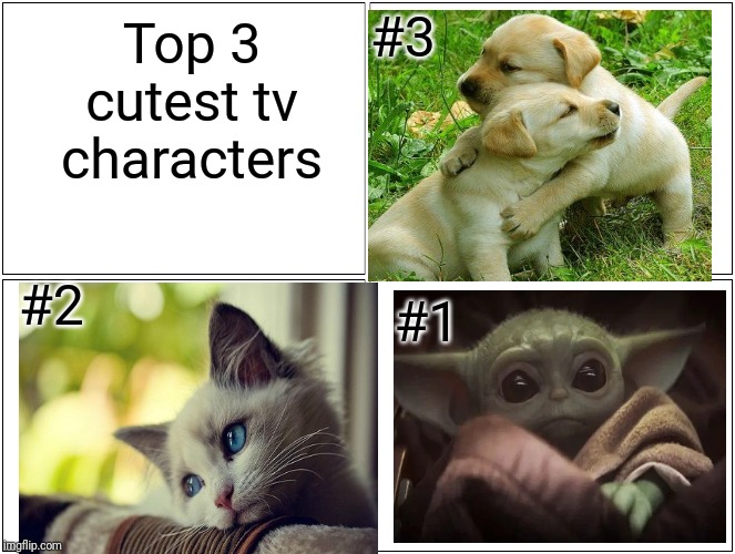 Blank Comic Panel 2x2 | #3; Top 3 cutest tv characters; #2; #1 | image tagged in memes,blank comic panel 2x2 | made w/ Imgflip meme maker