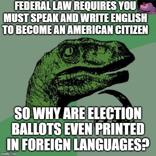 Good question. | FEDERAL LAW REQUIRES YOU MUST SPEAK AND WRITE ENGLISH TO BECOME AN AMERICAN CITIZEN; SO WHY ARE ELECTION BALLOTS EVEN PRINTED IN FOREIGN LANGUAGES? | image tagged in memes,philosoraptor | made w/ Imgflip meme maker