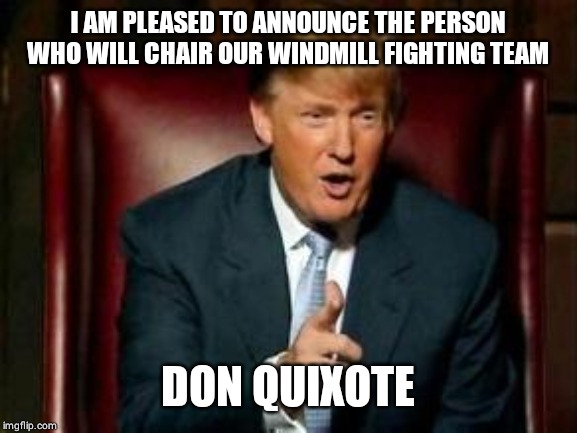 Donald Trump | I AM PLEASED TO ANNOUNCE THE PERSON WHO WILL CHAIR OUR WINDMILL FIGHTING TEAM; DON QUIXOTE | image tagged in donald trump | made w/ Imgflip meme maker