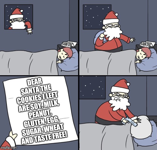 Letter to Murderous Santa | DEAR SANTA THE COOKIES I LEFT ARE SOY, MILK, PEANUT, GLUTEN, EGG, SUGAR, WHEAT AND TASTE FREE! | image tagged in letter to murderous santa | made w/ Imgflip meme maker