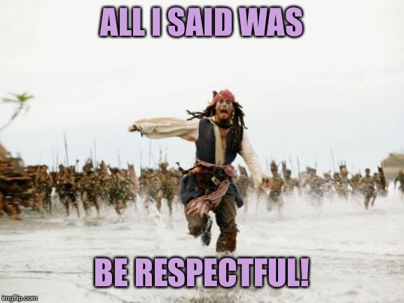 Apparently it’s okay to call folks Nazis or Commies all day but this is what really grinds their gears. | ALL I SAID WAS; BE RESPECTFUL! | image tagged in memes,jack sparrow being chased,respect,politics lol,hate speech,right wing | made w/ Imgflip meme maker