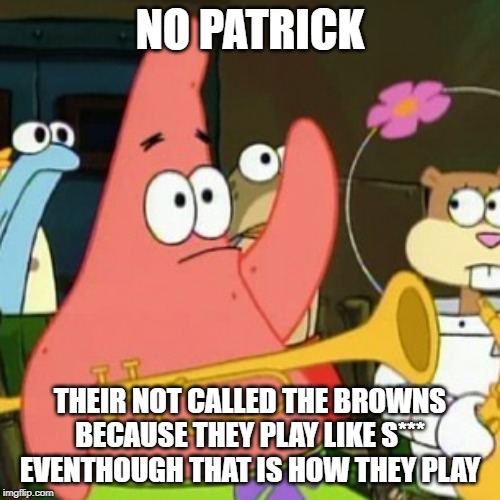 No Patrick | NO PATRICK; THEIR NOT CALLED THE BROWNS BECAUSE THEY PLAY LIKE S*** EVENTHOUGH THAT IS HOW THEY PLAY | image tagged in memes,no patrick | made w/ Imgflip meme maker